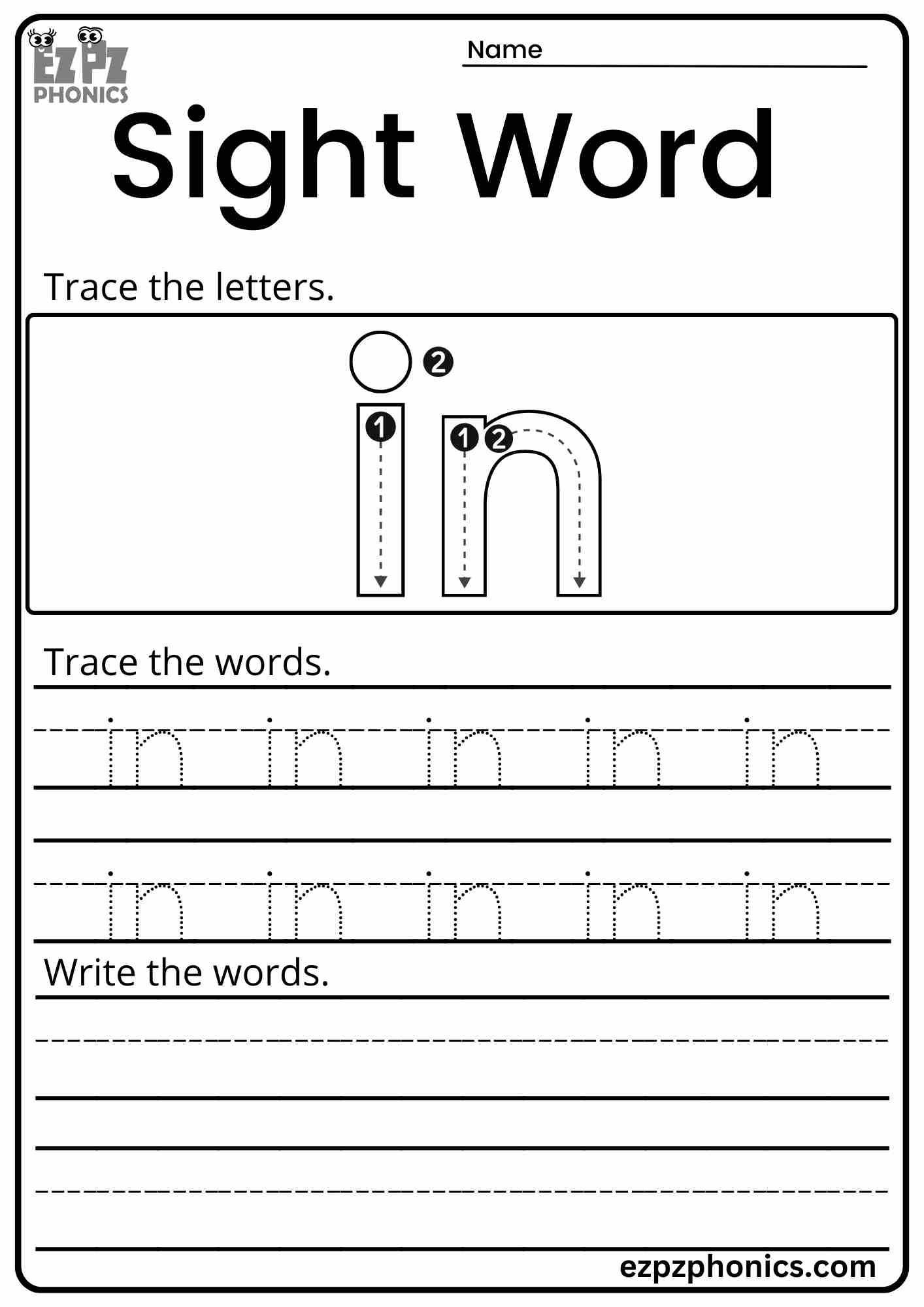 Dolch Sight Word "In" Activity for Early Learners PDF Download Set 1